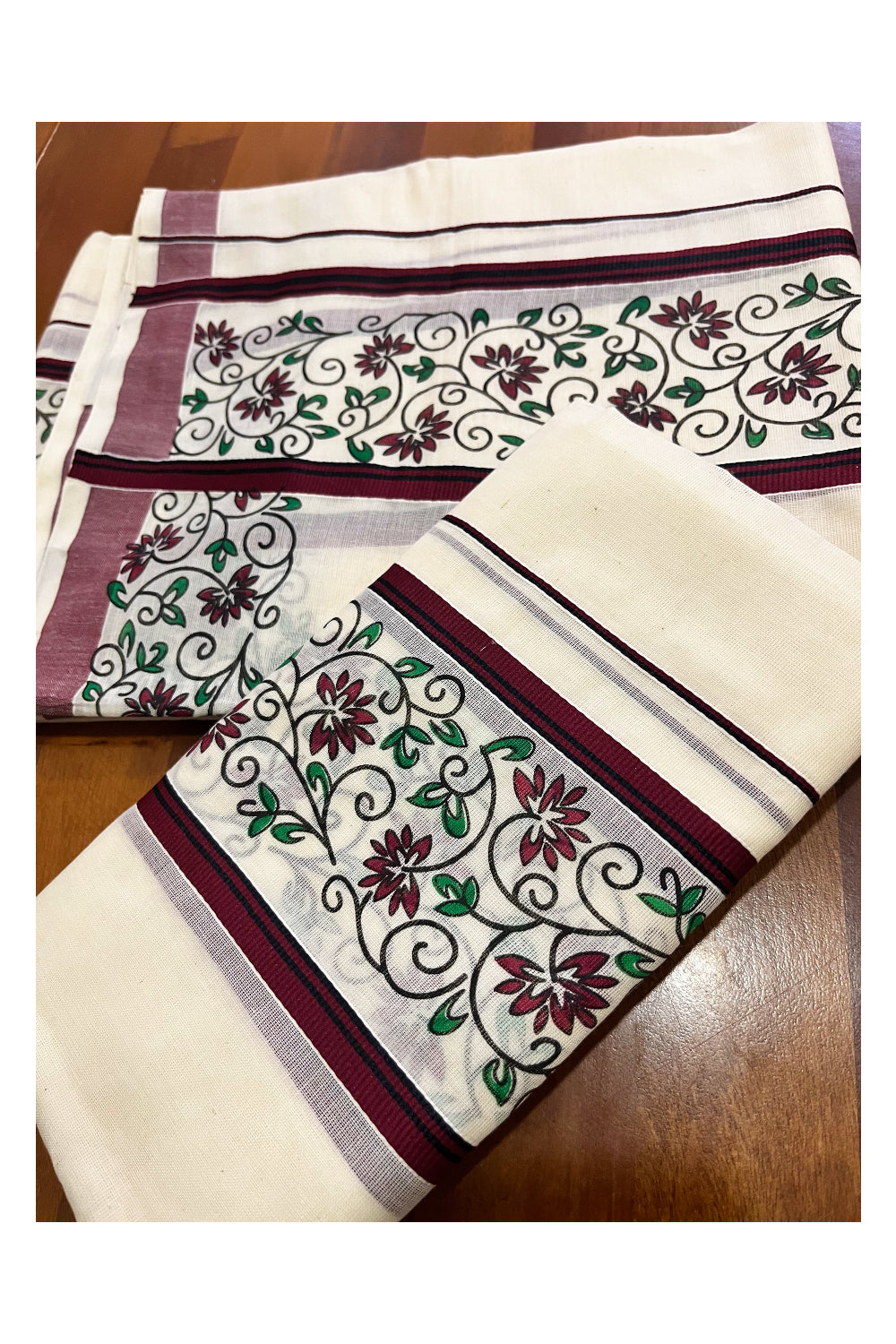 Kerala Cotton Set Mundu Single (Mundum Neriyathum) with Maroon Floral Block Printed Border