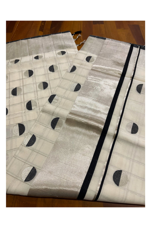 Southloom Premium Handloom Check Design Kerala Saree with Silver Kasavu and Black Semi Polka Woven Motifs