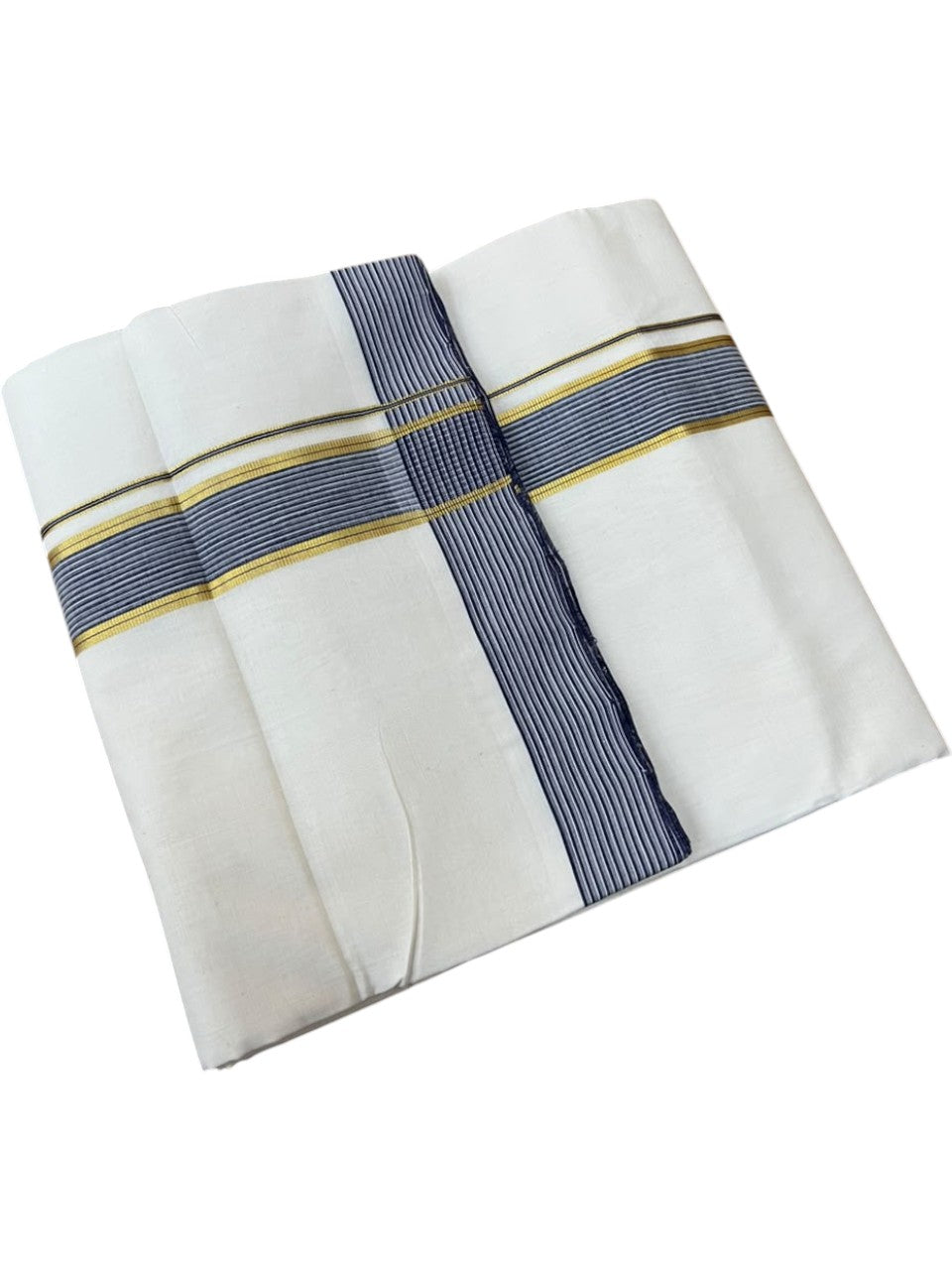 Southloom Balaramapuram Unakkupaavu Premium Handloom Cotton Double Mundu with Gold Kasavu and Blue Border