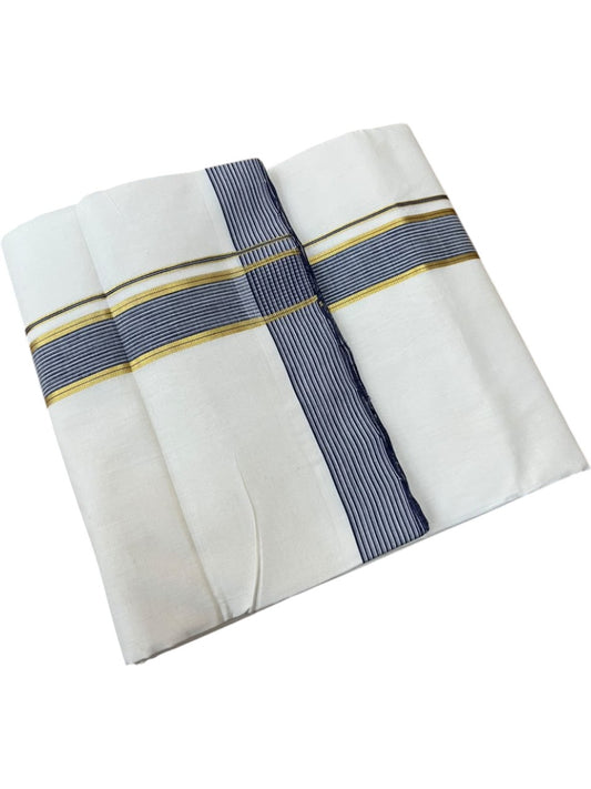 Southloom Balaramapuram Unakkupaavu Premium Handloom Cotton Double Mundu with Gold Kasavu and Blue Border