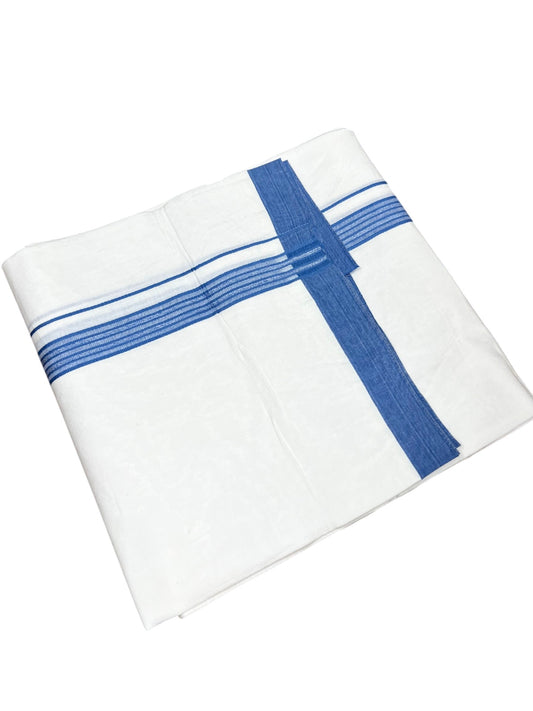 Southloom Pure White Single Cotton Mundu with Blue Border (South Indian Kerala Dhoti)