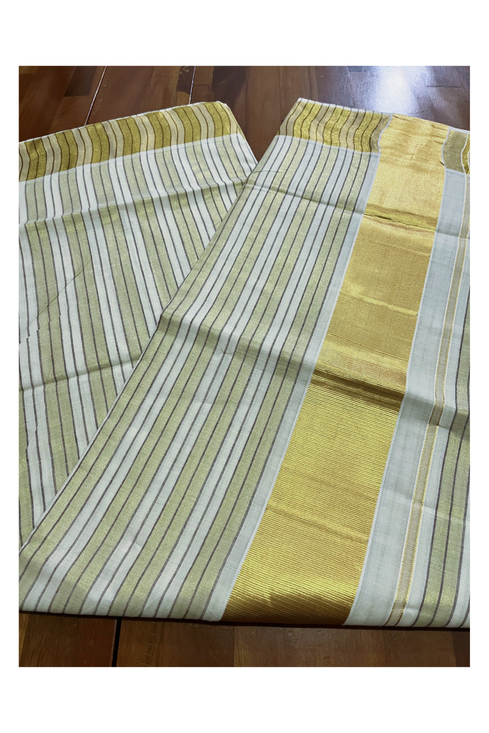 Pure Cotton Kerala Kasavu Saree with Lines Designs on Body and Brown Lines on Munthani