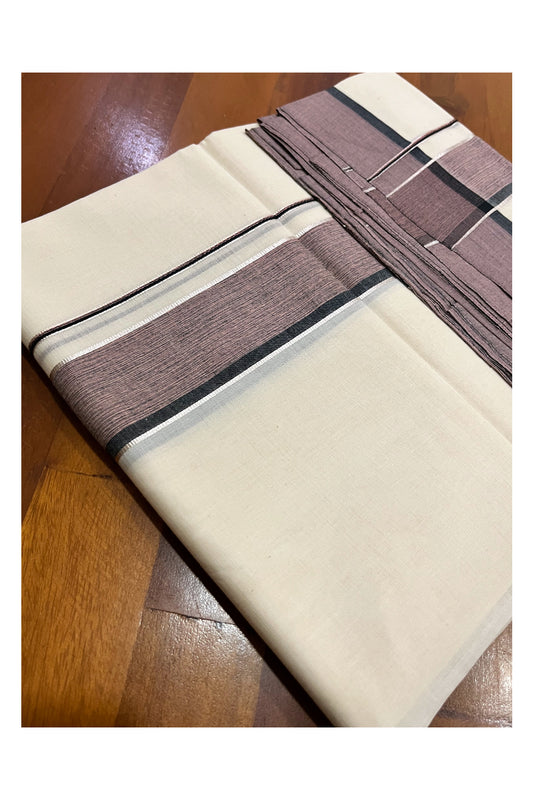 Pure Cotton 100x100 Double Mundu with Silver Kasavu and Black Brown Border (South Indian Kerala Dhoti)