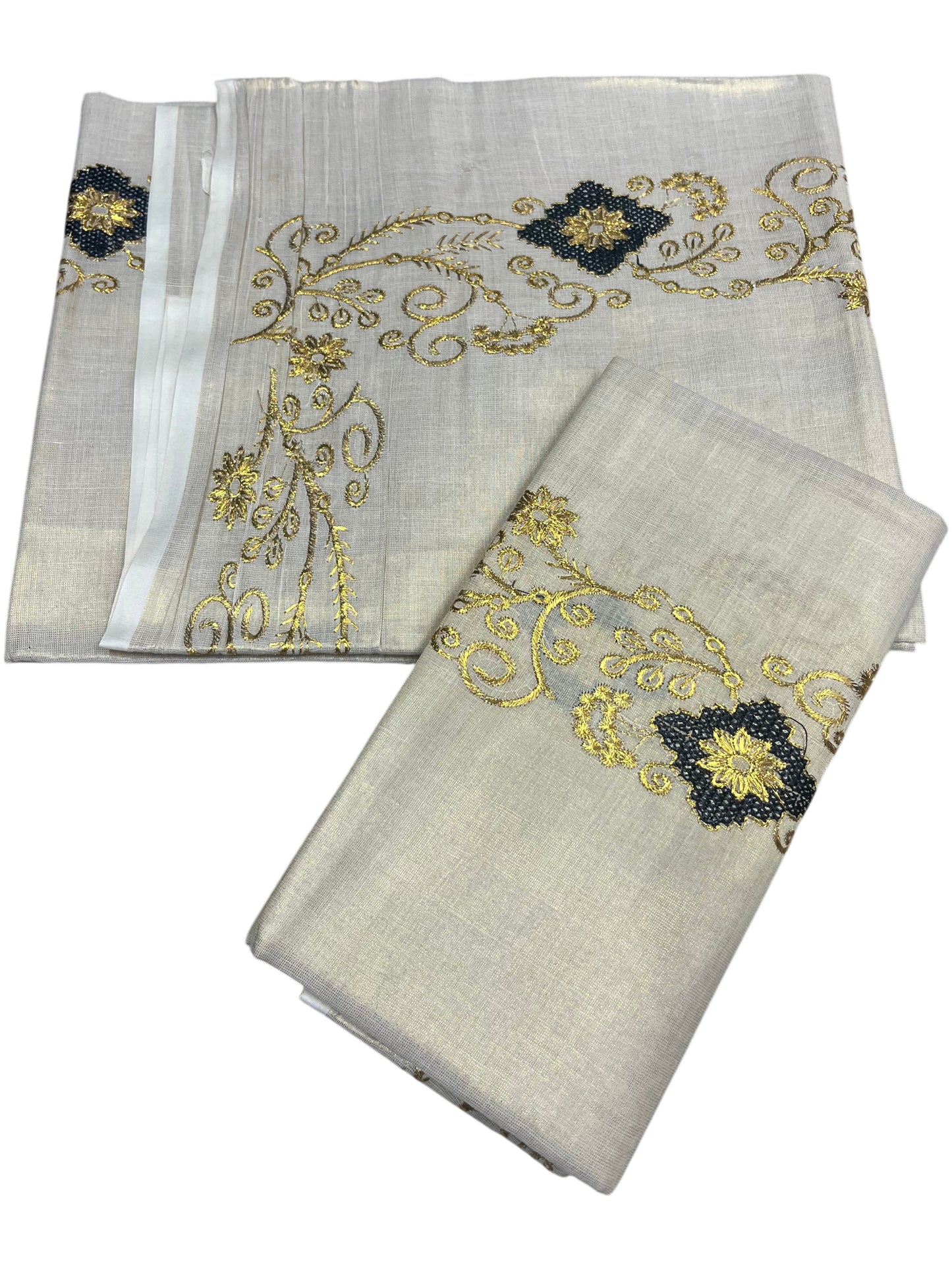 Southloom Kerala Tissue Kasavu Single Set Mundu (Mundum Neriyathum) Black and Golden Embroidery Work