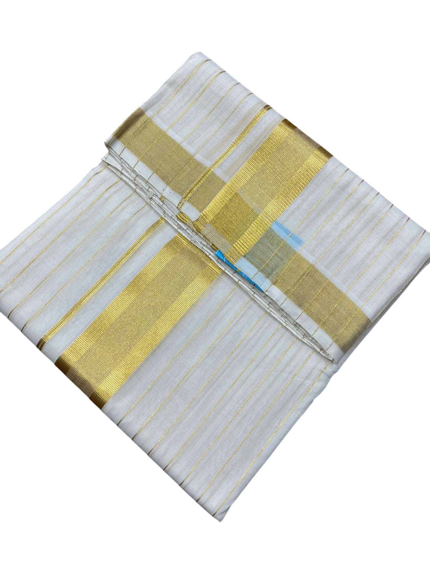 Southloom Premium Handloom Cotton Double Mundu with Gold Kasavu And Gold Lines on Body & Border