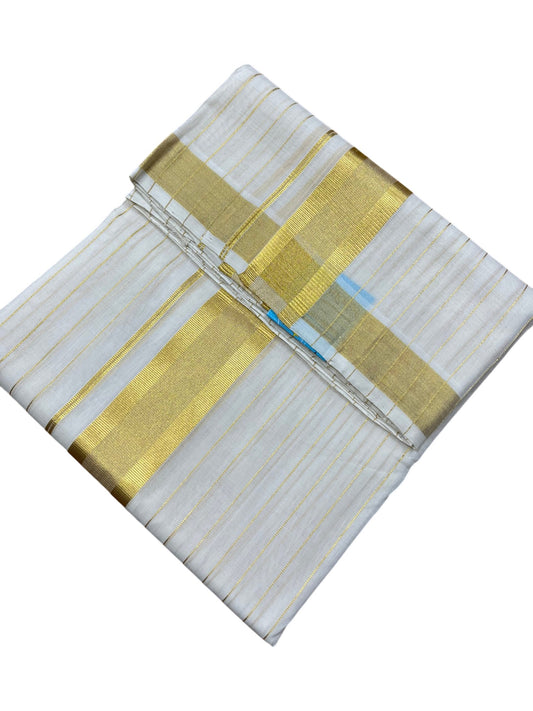 Southloom Premium Handloom Cotton Double Mundu with Gold Kasavu And Gold Lines on Body & Border