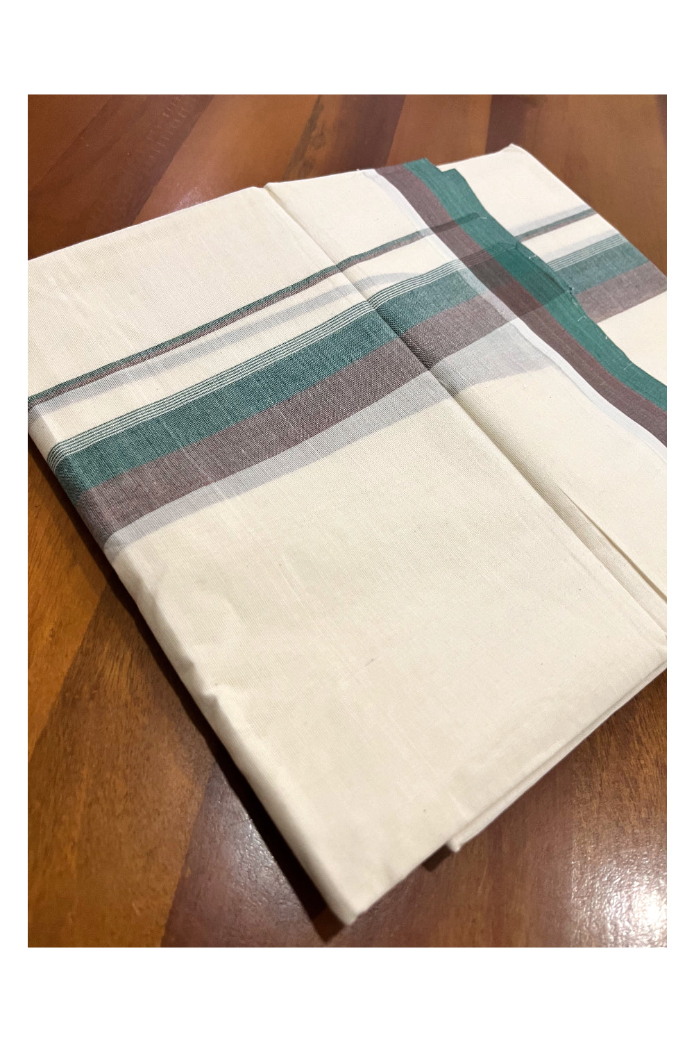 Kerala Pure Cotton Double Mundu with Green Brown Border (South Indian Kerala Dhoti)