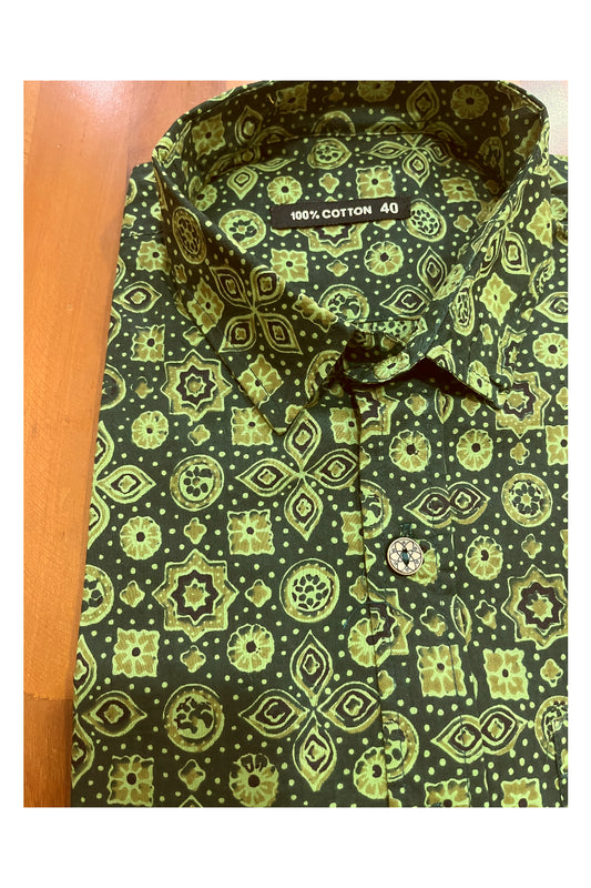 Southloom Jaipur Cotton Green Hand Block Printed Shirt (Half Sleeves)