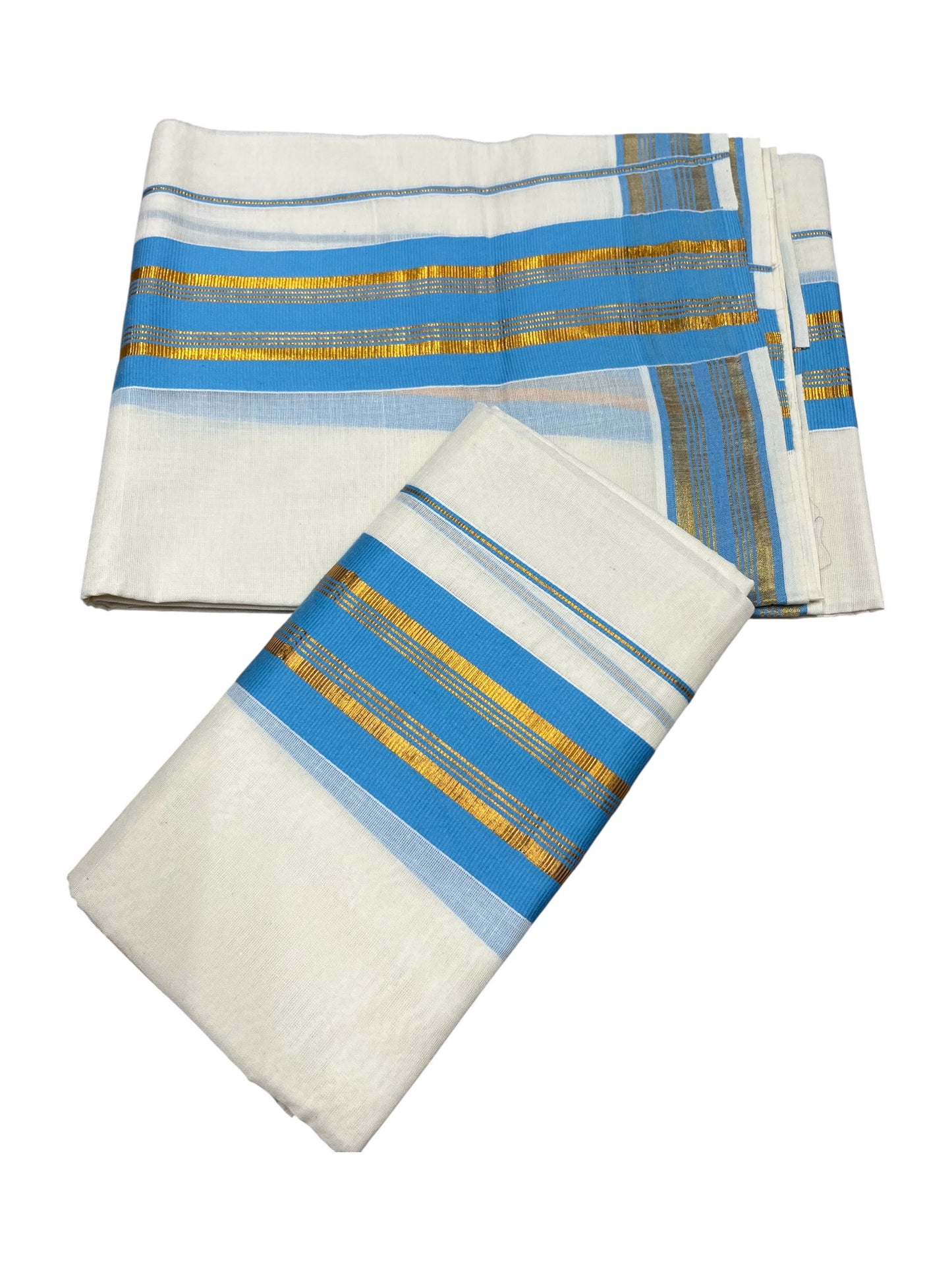 Kerala Cotton Kasavu Single Set Mundu (Mundum Neriyathum) with Blue Kasavu Border in 2.80 Mtrs