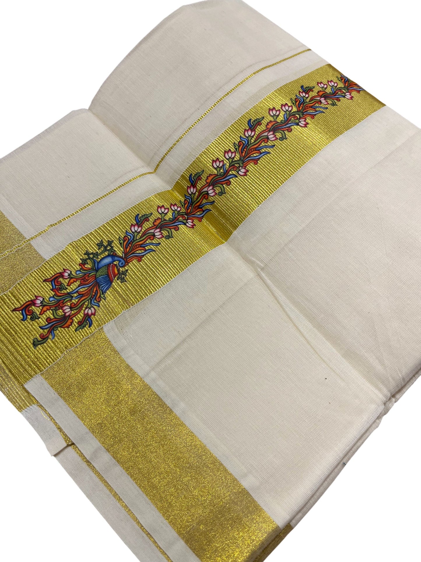 Southloom Pure Cotton Off White Double Mundu with Mural Printed Design Along Kasavu Kara