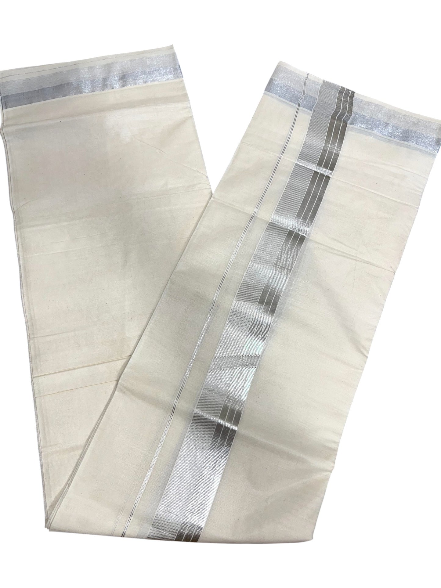 Kerala Cotton Double Mundu with Silver Border  (South Indian Dhoti)