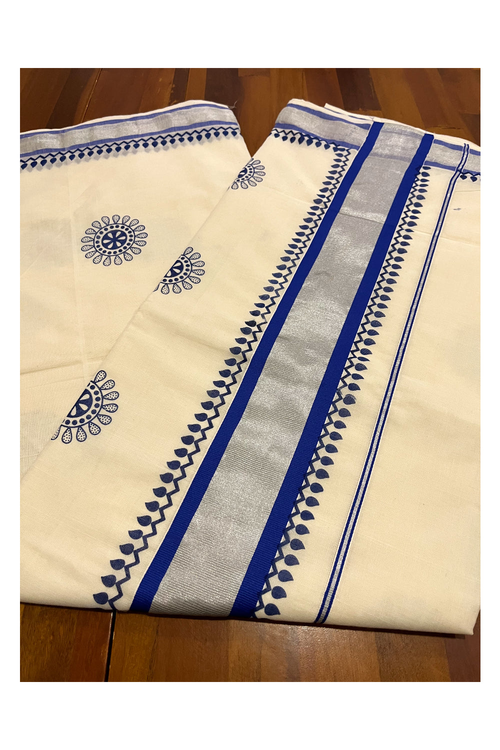 Kerala Pure Cotton Saree with Blue Block Prints and Silver Kasavu Border