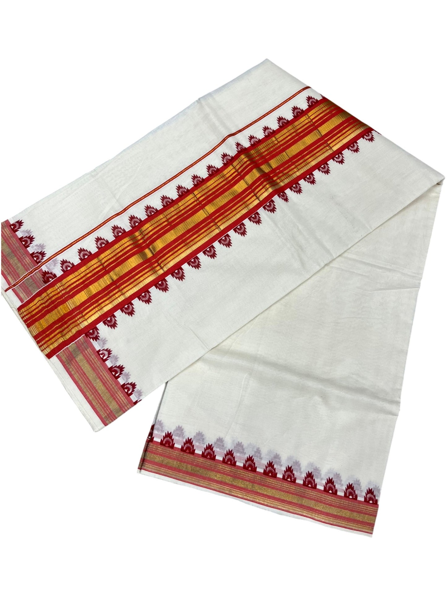 Southloom Cotton Kerala Kasavu Saree with Temple Design Border in Orange