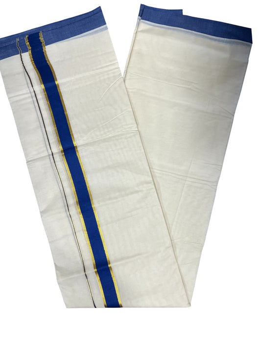 Southloom Pure Cotton Mundu with Gold Kasavu and Blue Colour Border (South Indian Kerala Dhoti)