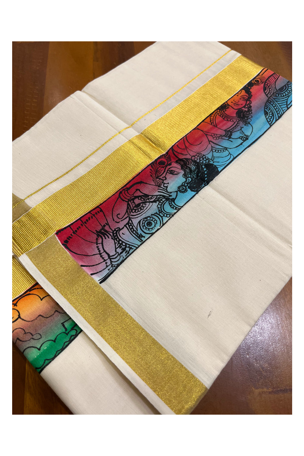 Kerala Pure Cotton Double Mundu with Mural Hand Painted Design on Kasavu Border (South Indian Kerala Dhoti)