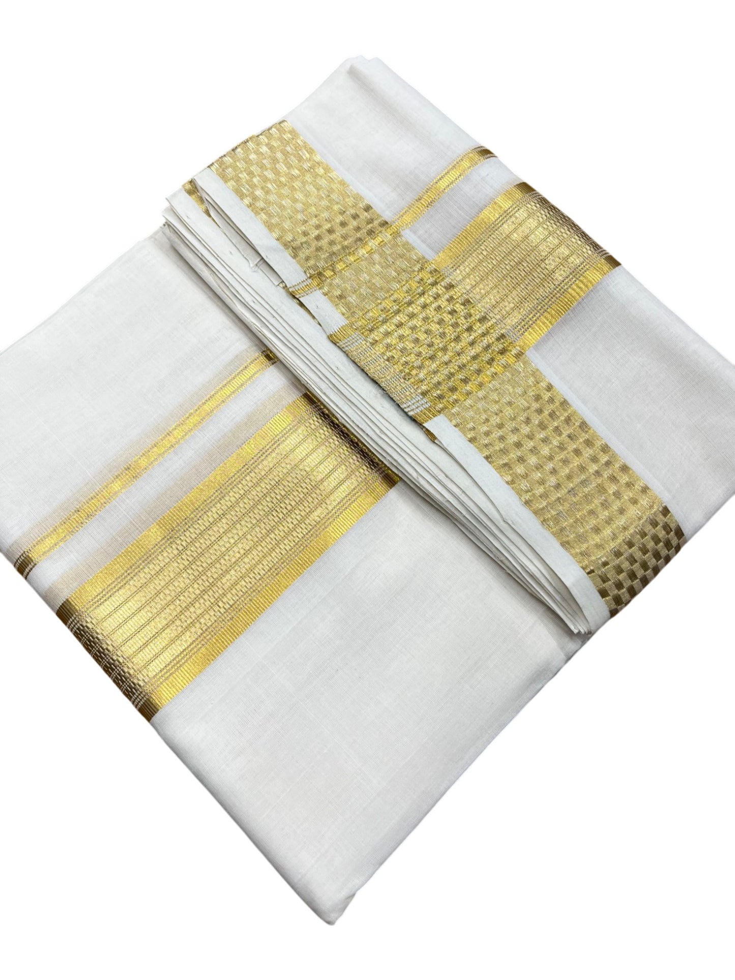 Southloom Premium Handloom Cotton Double Mundu with Gold Kasavu and Paa Neythu Border Border