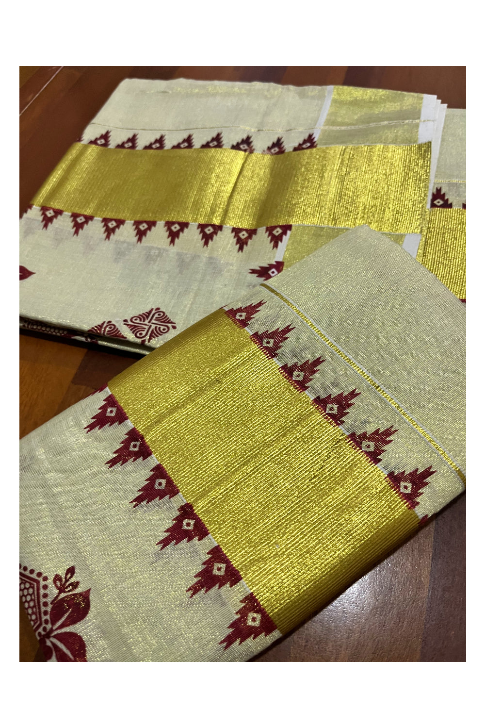 Kerala Tissue Single Set Mundu (Mundum Neriyathum) with Maroon Block Prints and Temple Border 2.80 Mtrs