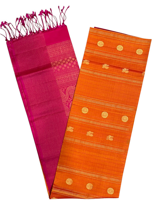 Southloom Pure Handloom Kanchipuram Silk Saree with Korvai Work (Orange & Magenta)