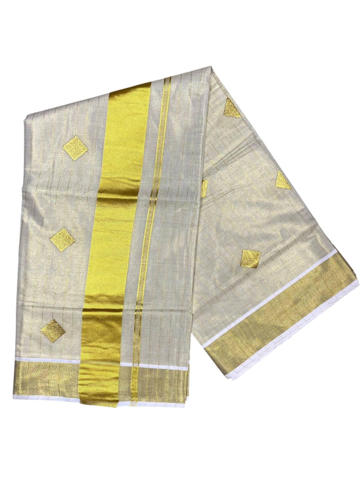 Southloom Kerala Tissue Kasavu Striped Saree with  Diagonal Woven Designs in Golden Body Work