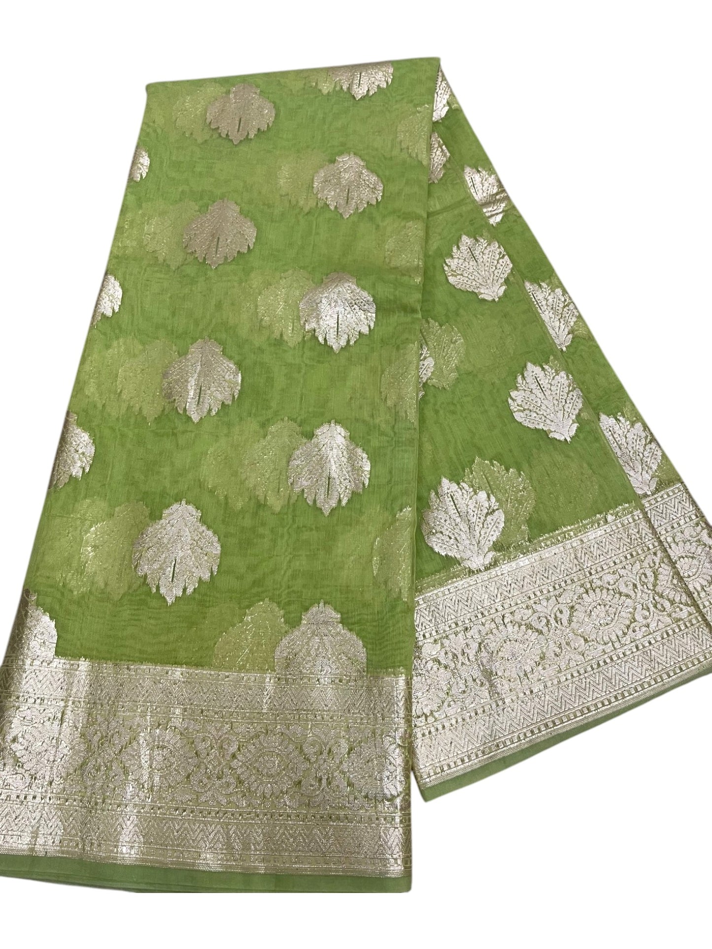 Southloom Cotton Banarasi Silk Saree with Woven Work on Body and Borders (Green)