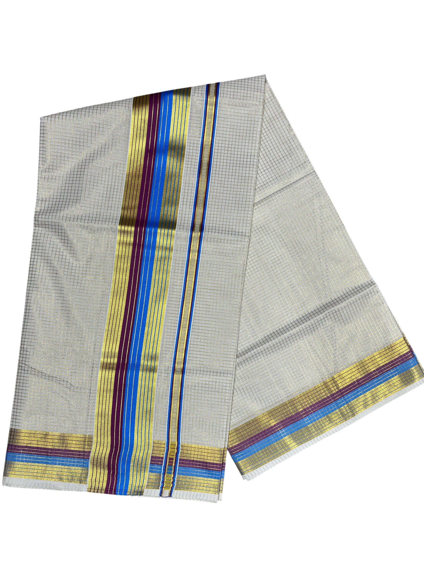 Southloom Kerala Cotton Kasavu Saree with Micro Check Design on Body in Blue & Purple Border