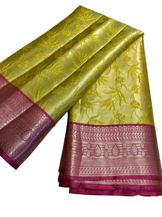 Southloom Tissue Silk Saree with Woven Work on Body and Borders (Green & Magenta)