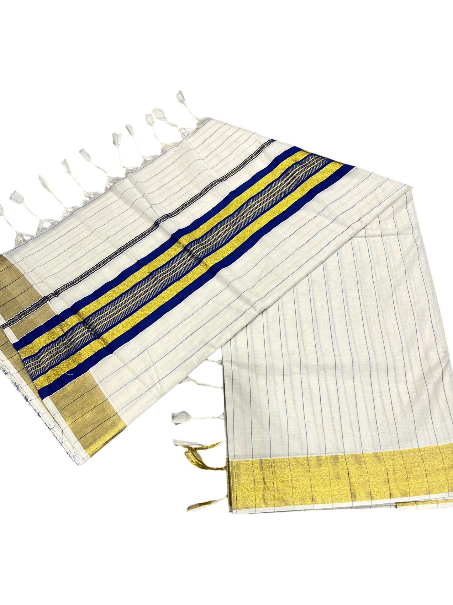 Southloom Kerala Cotton Kasavu Saree with Gold And Blue Lines on Body SL331