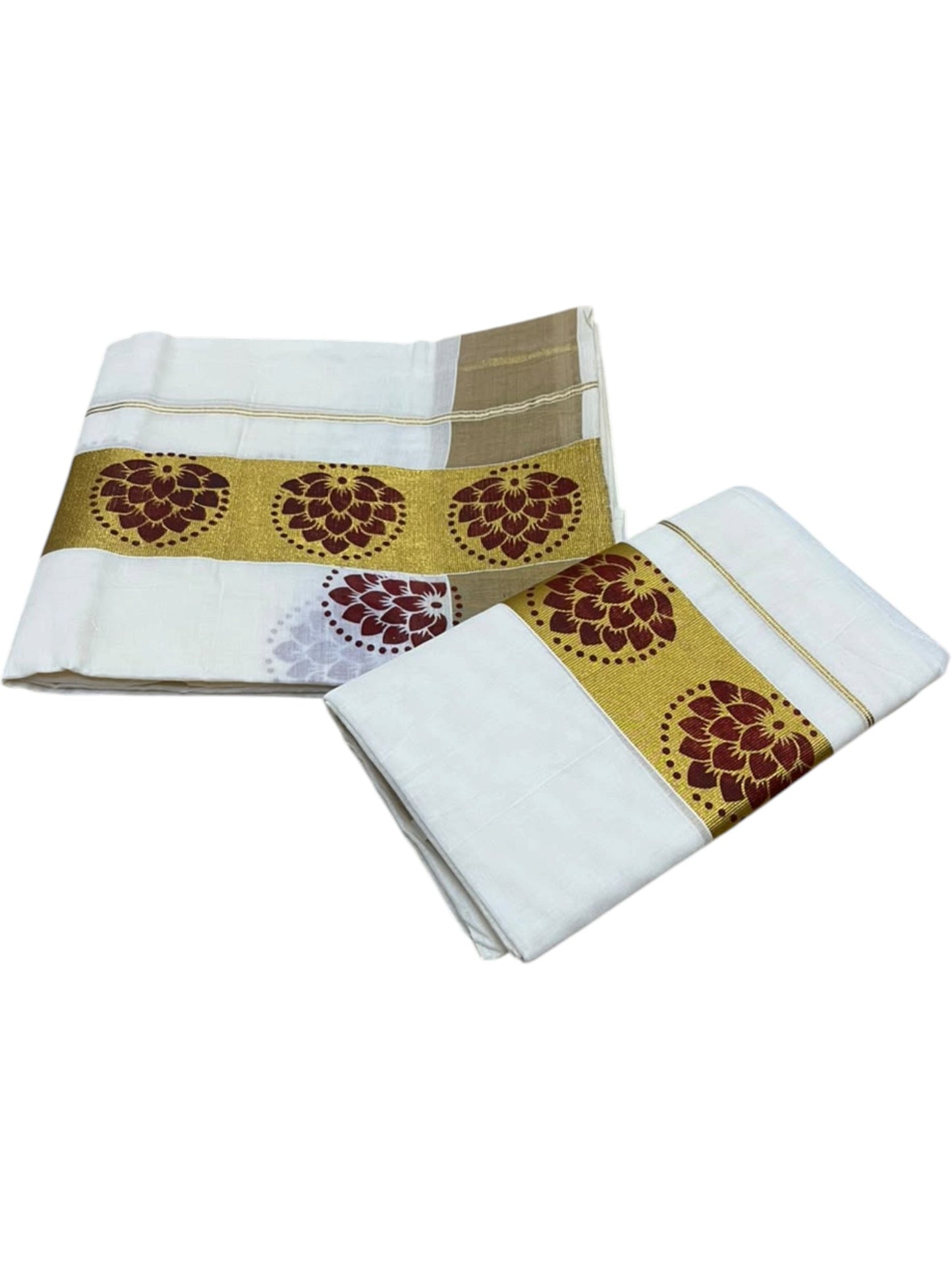 Southloom Pure Cotton Set Mundu with Gold Kasavu and Maroon Floral Digital Print in 2.80 Mtrs SL383