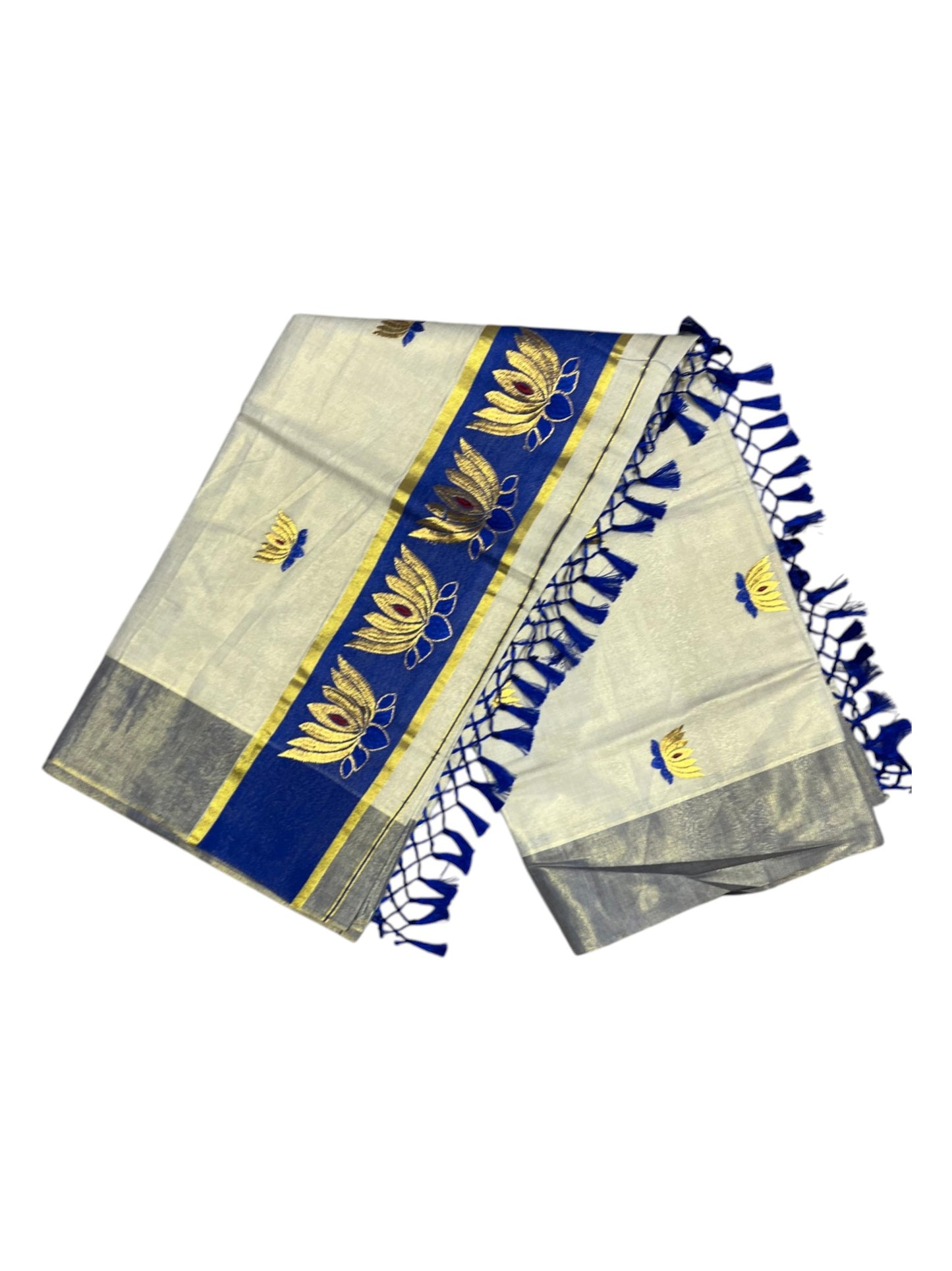 Southloom Kerala Tissue Kasavu Saree with Blue And Golden Lotus Embroidary Works on Body SL273