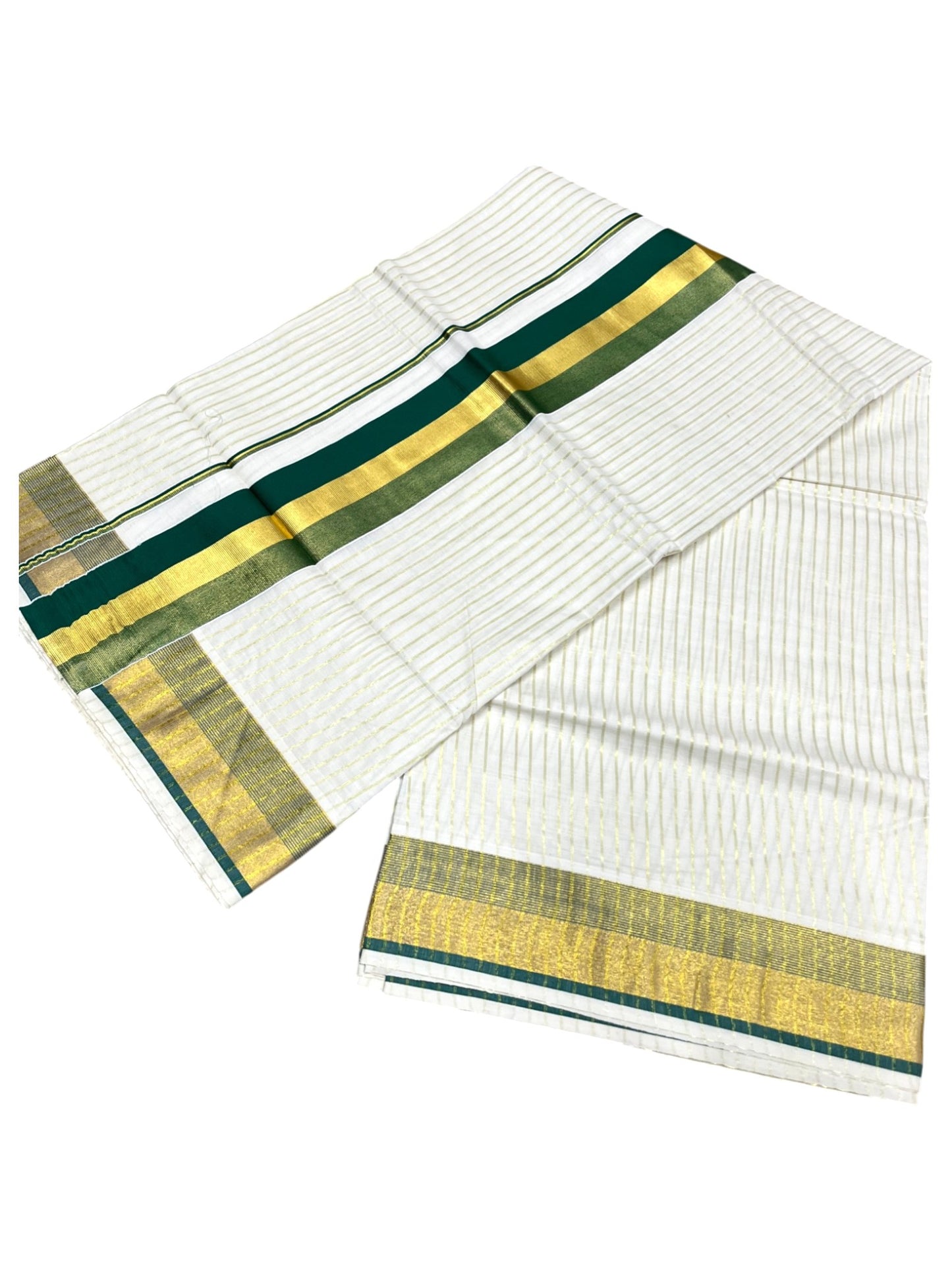 Southloom Pure Cotton Kerala Kasavu Lines Saree with Green and Kasavu Border