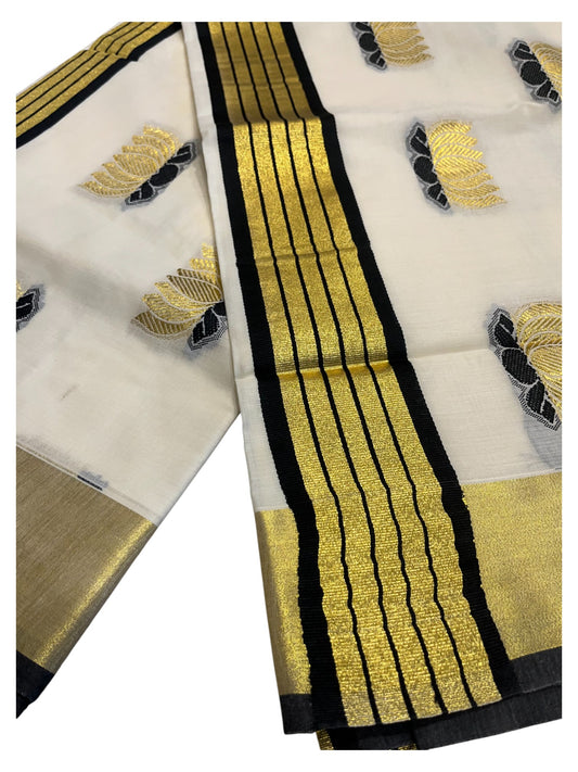 Southloom Kerala Cotton Kasavu Saree with Lotus Woven Work in Black