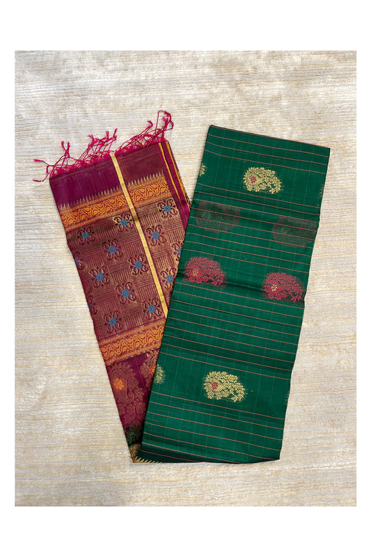 Southloom Pure Handloom Cotton Silk Saree With Handwoven Work Across Body and Blouse in Green And Magenta