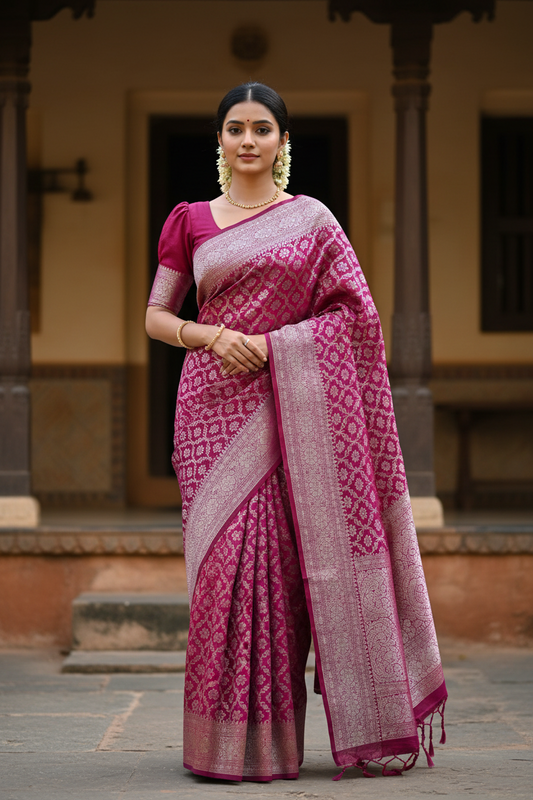 Southloom Pure Banarasi Silk Saree with Woven Work on Body and Borders (Magenta)