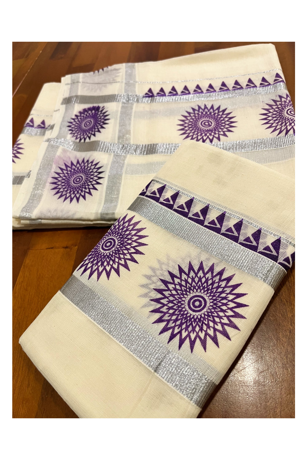 Kerala Pure Cotton Set Mundu Single (Mundum Neriyathum) with Violet Temple Block Prints on Silver Kasavu Border