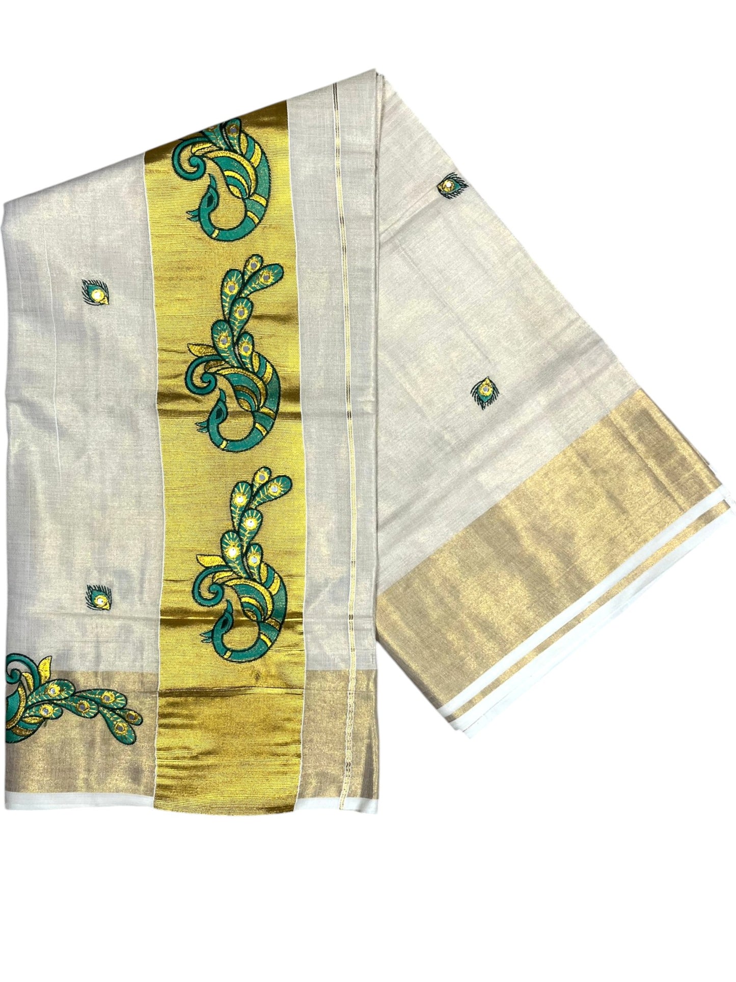 Southloom Kerala Tissue Kasavu Saree with Green Peacock Embroidery Design