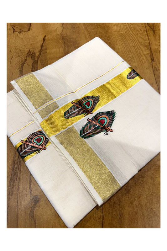 Off White Pure Cotton Double Mundu with Feather Mural Painted Design on Kasavu Kara (South Indian Dhoti)