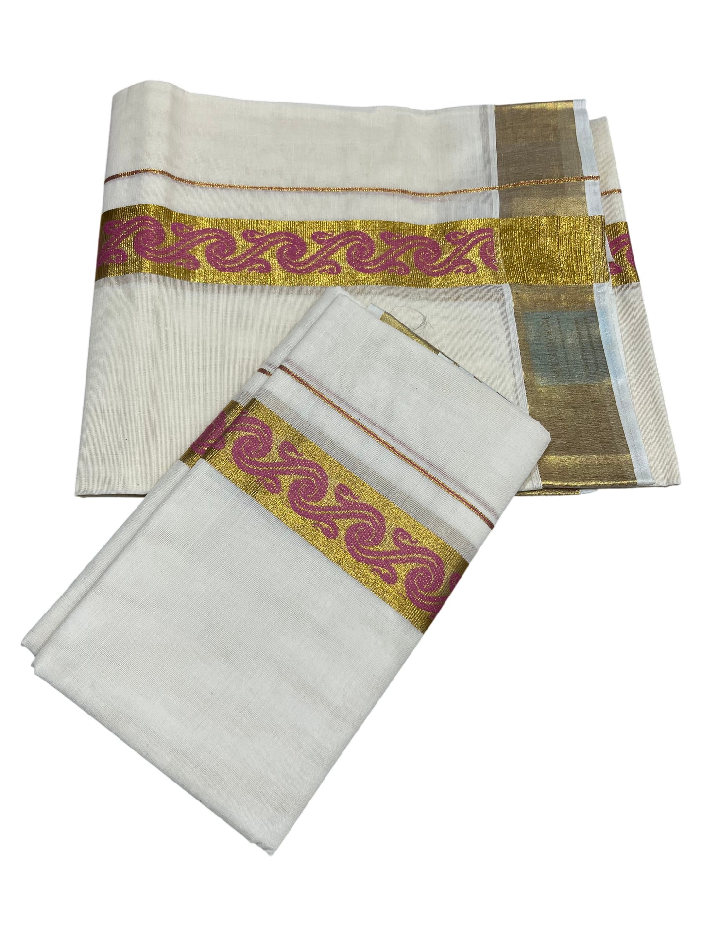 Southloom Kerala Pure Cotton Set mundu  (Mundum Neriyathum) with Pink Block Prints on Kasavu Border-2.80Mtrs