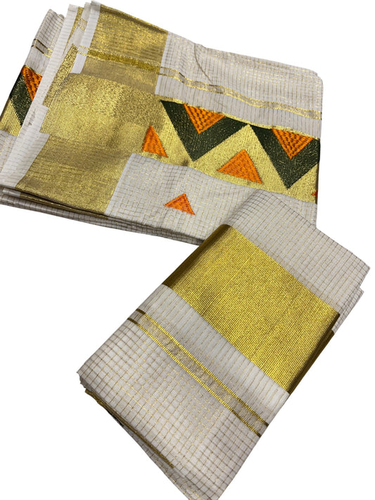 southloom Kerala TIssue Kasavu Mundum Neriyathum (Set Mundu) with Green Orange Embroidery Designs in Kasavu Border