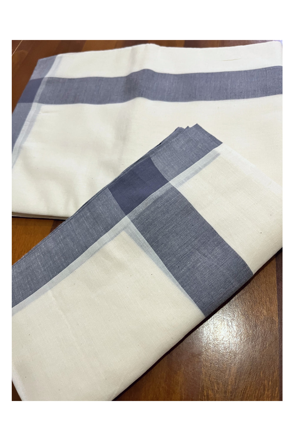 Kerala Mulloth Cotton Single Mundum Neriyathum with Grey Border (Extra Soft Cotton)