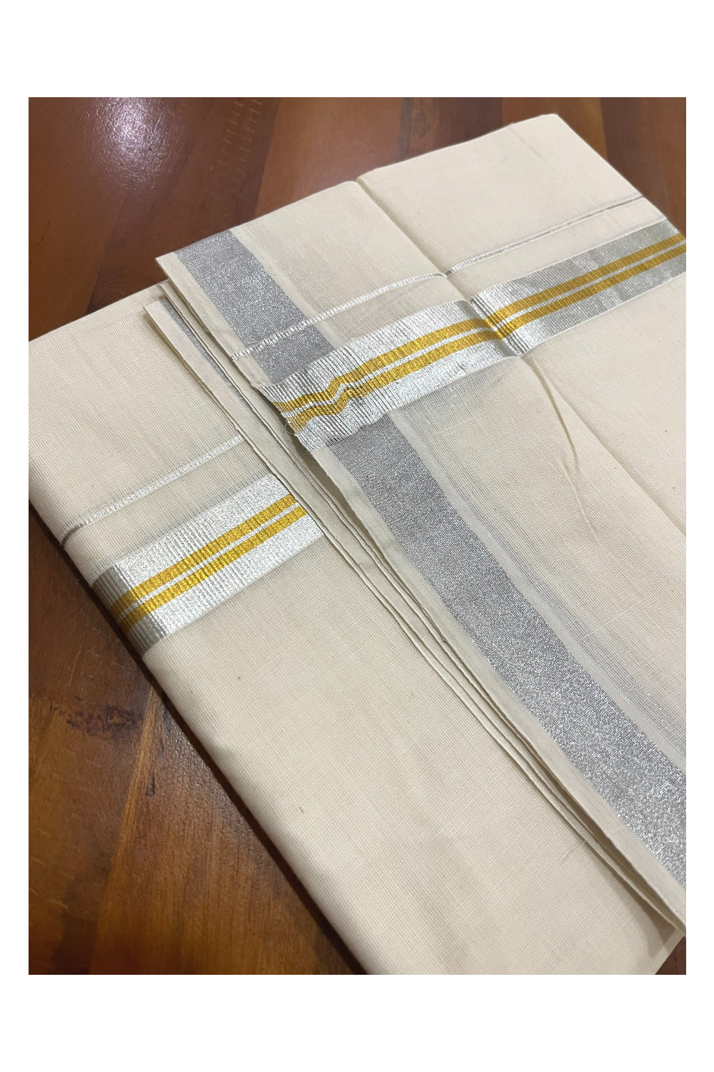 Pure Cotton Double Mundu with Golden and Silver Kasavu Kara (South Indian Kerala Dhoti)