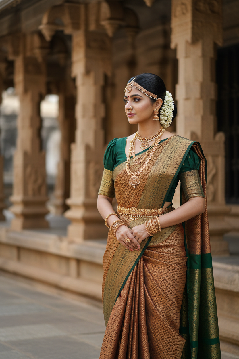 Southloom Brocade Silk Bridal Saree WIth Woven Borders and Blouse Piece in Maroon and Green
