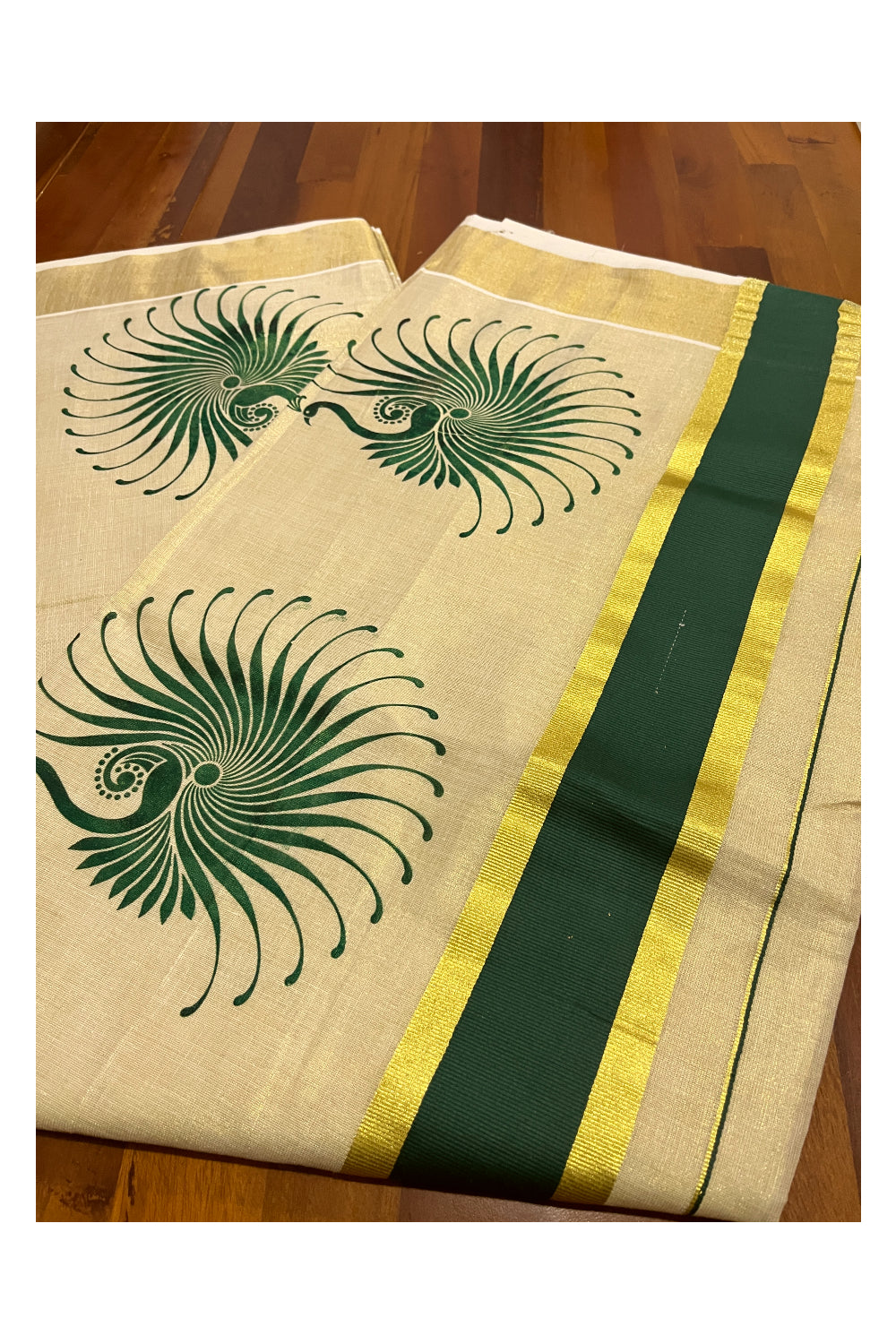 Kerala Tissue Kasavu Saree with Green Block Prints and Kasavu Border