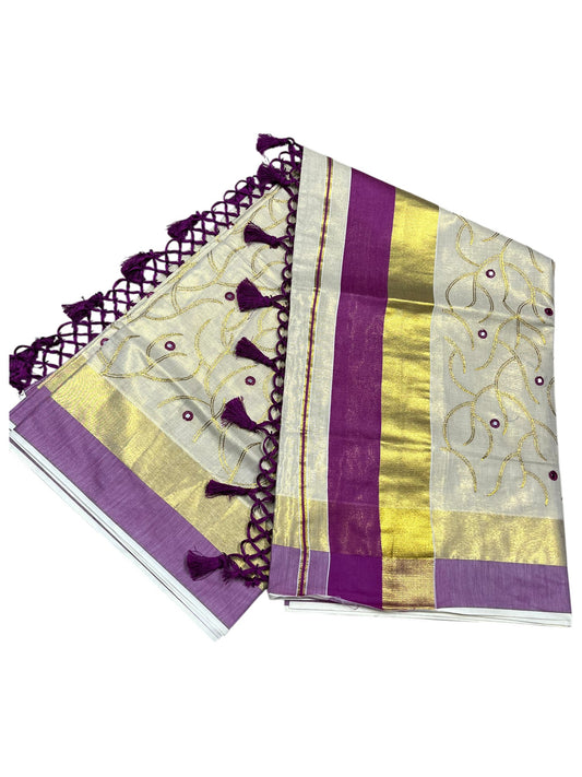 Kerala Tissue Kasavu Stripes Saree with Gold and Magenta Floral Embroidery Design on Body