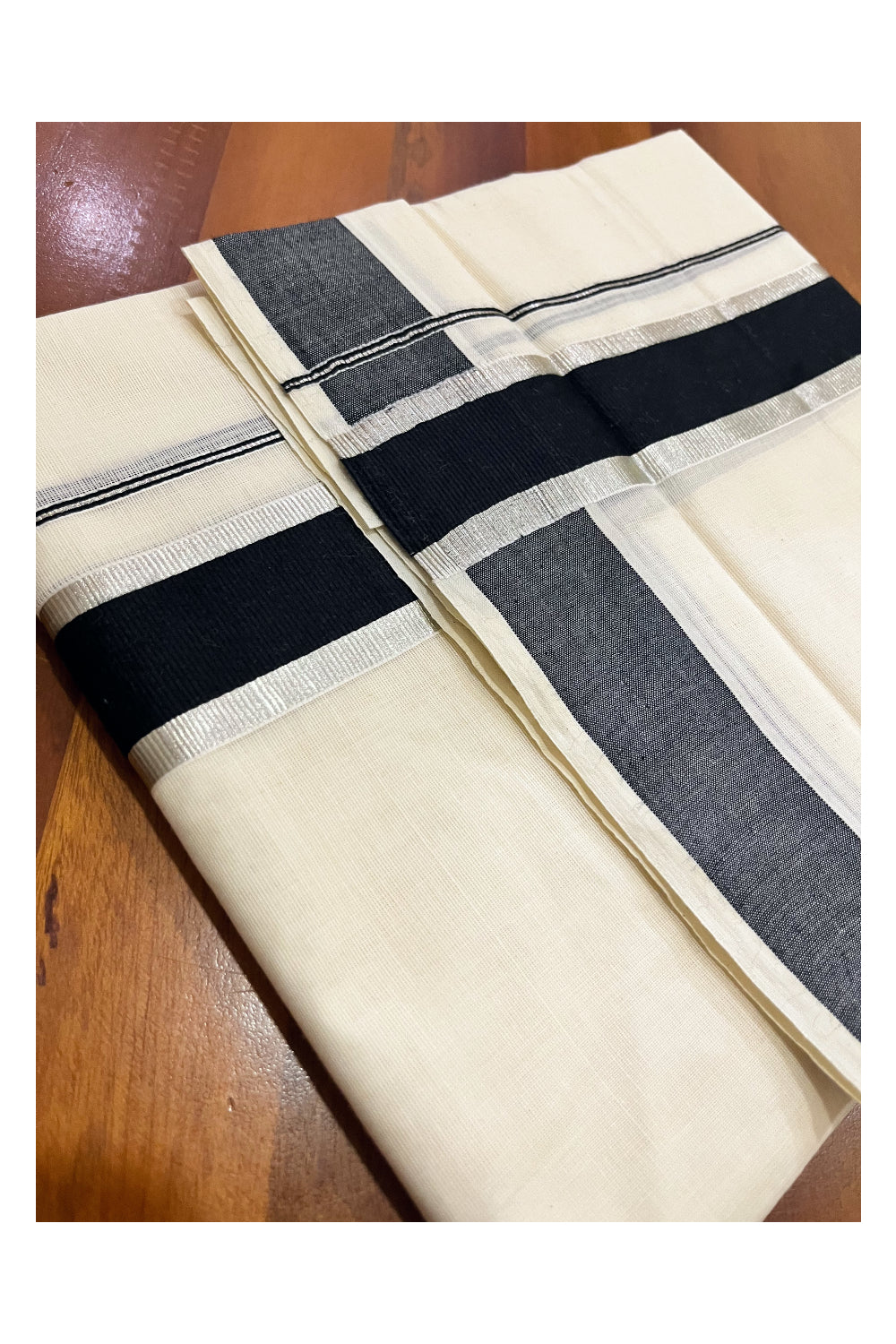 Pure Cotton Double Mundu with Black and Silver Kasavu Kara (South Indian Kerala Dhoti)