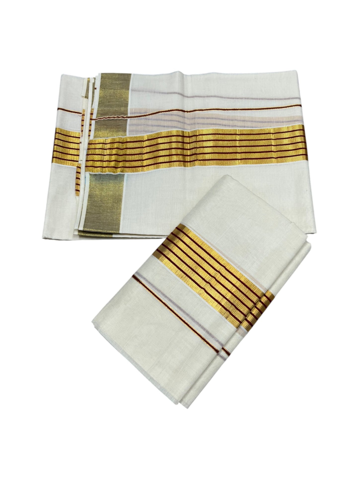 Southloom Pure Cotton Kerala Kasavu Set Mundu (Mundum Neriyathum) Kasavu & Maroon Border in 2.80 Mtrs
