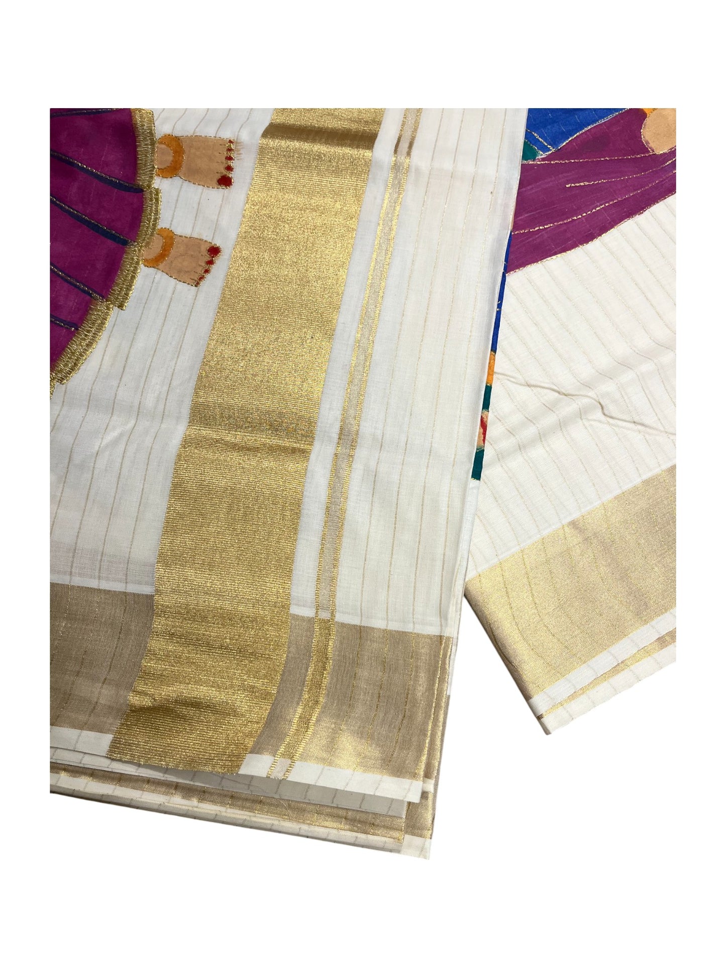 Southloom Kerala Cotton Kasavu Line Saree with Hand Painted &Embroidery Design