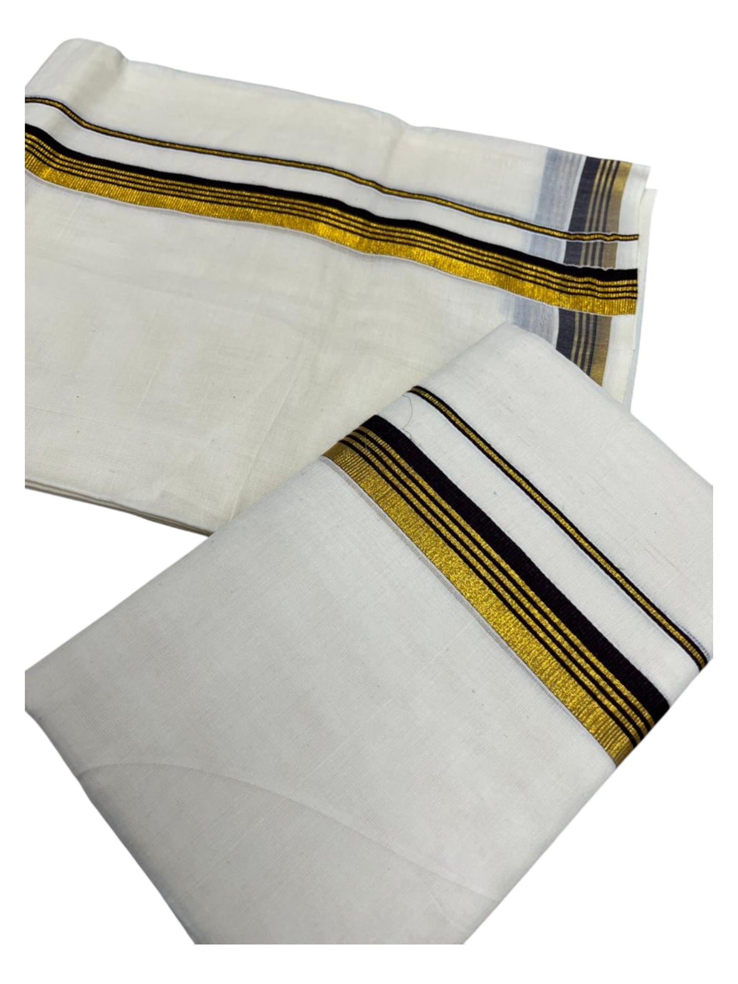 Pure Cotton Kerala Single Set Mundu (Mundum Neriyathum) with Brown Kasavu Border in 2.80 Mtrs