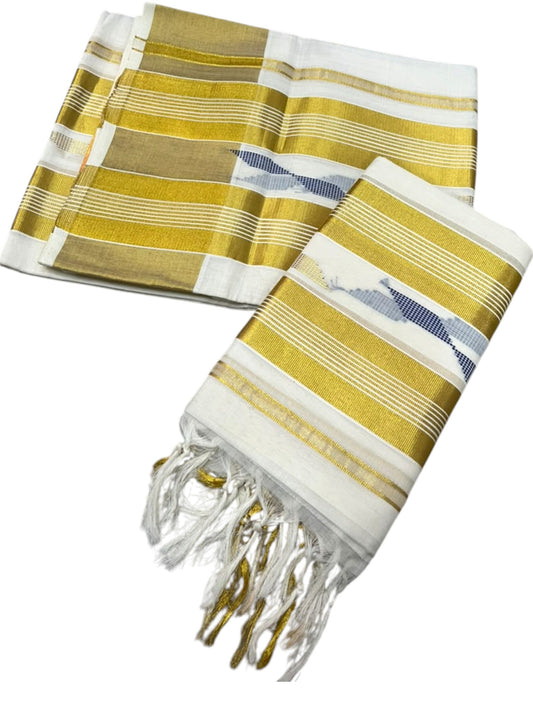 Southloom Premium Cotton Handloom Set Mundu with Kasavu With Blue and Golden Border (2.80 Mtr) SL617