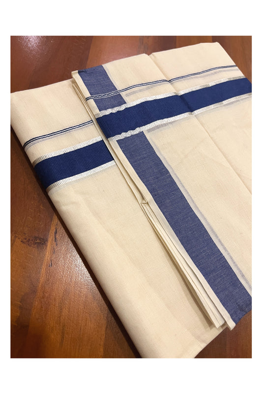 Pure Cotton Double Mundu with Silver Kasavu and Blue Kara (South Indian Kerala Dhoti)