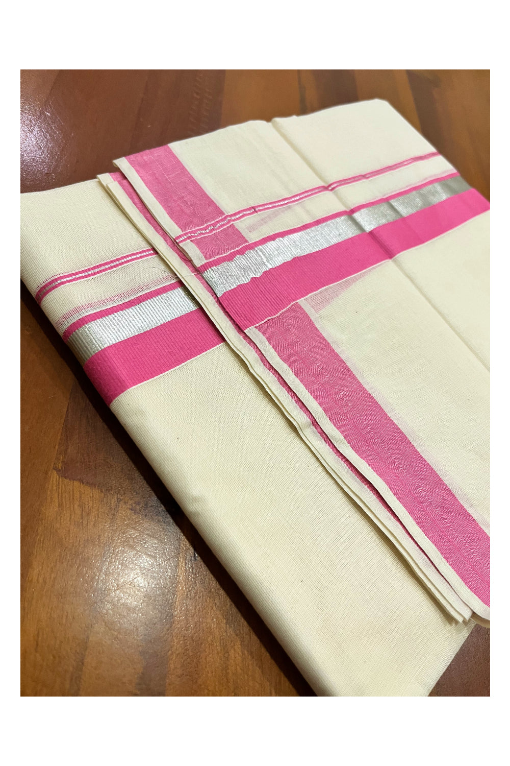 Pure Cotton Double Mundu with Silver Kasavu and Pink Kara (South Indian Kerala Dhoti)